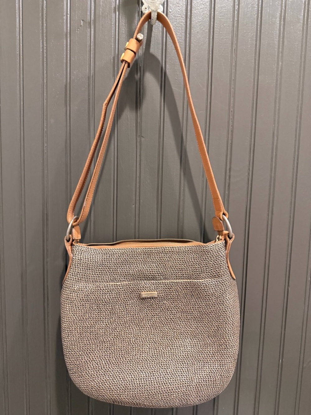 Eric Javits Woven Shoulder Bag in Tan and Gray